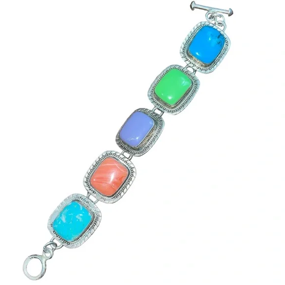 925 Sterling Silver Vintage Mexico Real Multi-Color Gem Link Bracelet 6 1/4" - Picture 2 of 8
